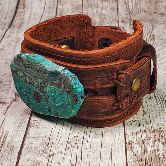 Sea Jasper genuine leather bracelet distressed - Picture 2 of 4